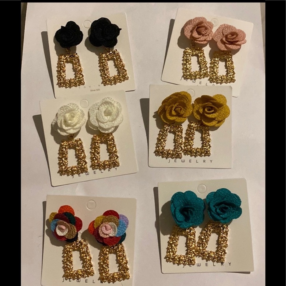 ✨❤️ Statement Rainbow Floral Drop Earrings | Gold Textured Rectangle Dangle 💛✨ - Picture 14 of 16
